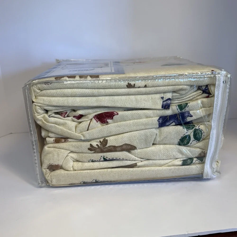 Vtg 4 Pc Full Flannel Sheet Set 100% Cotton Bears Lodge Cabin Tree Forest Nature
